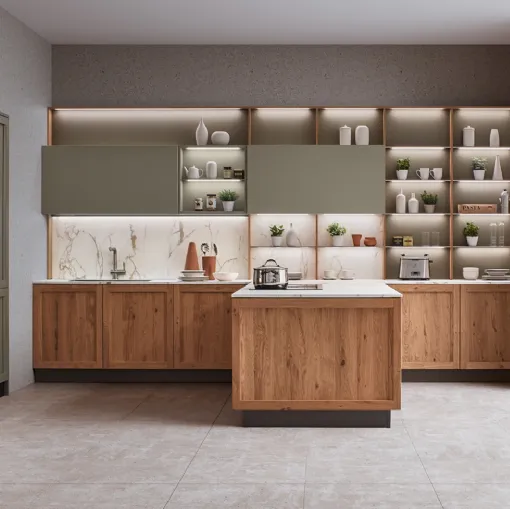 Cucina Moderna con penisola Milano 01 in Rovere e laccato Verde di Veneta Cucine