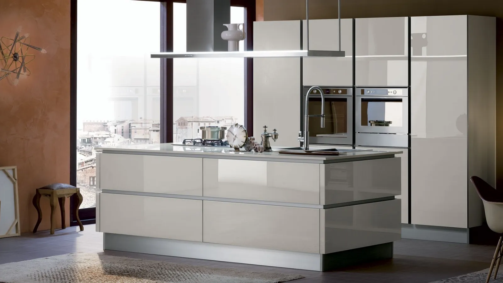 Cucina Moderna Ri-flex 06 con isola in vetro laccato lucido Grigio Corda di Veneta Cucine